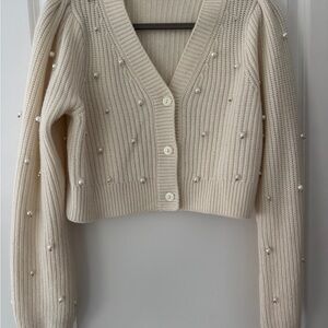 Love Shack Fancy Pearl-Embellished Cream Cardigan Sweater